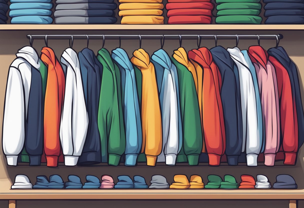 A stack of colorful Champion hoodies made of soft, thick cotton fabric, neatly folded on a shelf in a retail store