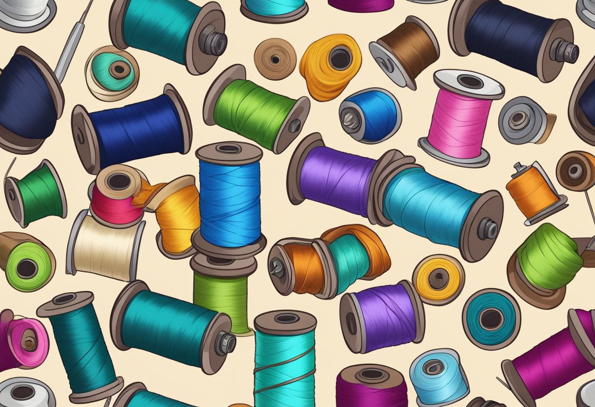 A pile of soft, fleece fabric in various colors and patterns, spools of thread, and a sewing machine on a worktable