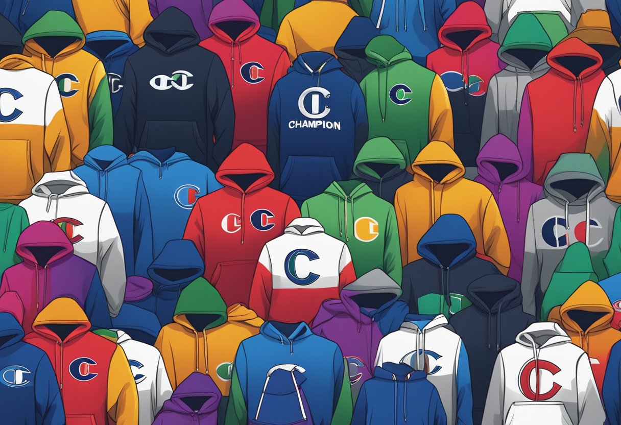 A pile of champion hoodies made of soft cotton and polyester blend fabric, with the iconic "C" logo embroidered on the chest