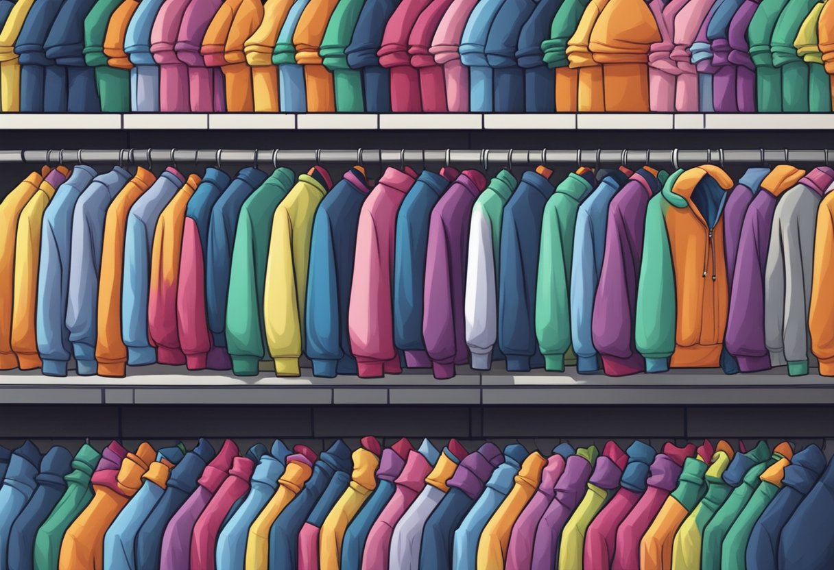 A stack of colorful Champion hoodies made of soft, fleece material, neatly arranged on shelves in a retail store