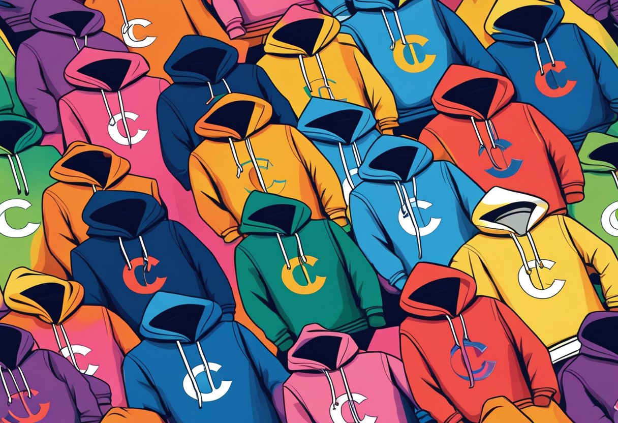 A colorful stack of champion hoodies made of soft, comfortable fabric, with the iconic "C" logo prominently displayed on the chest