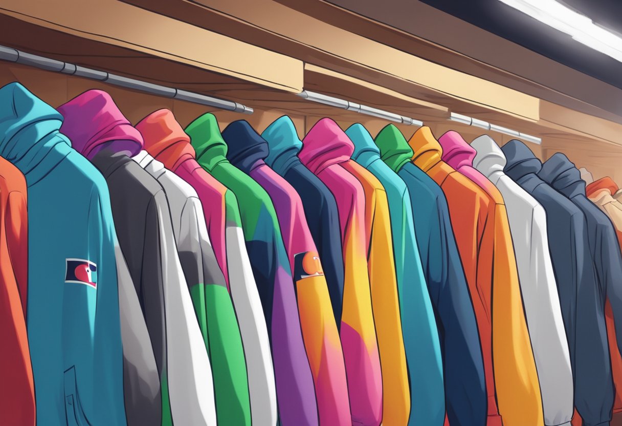 A stack of colorful Champion hoodies, made of soft cotton, neatly displayed on shelves in a well-lit retail store