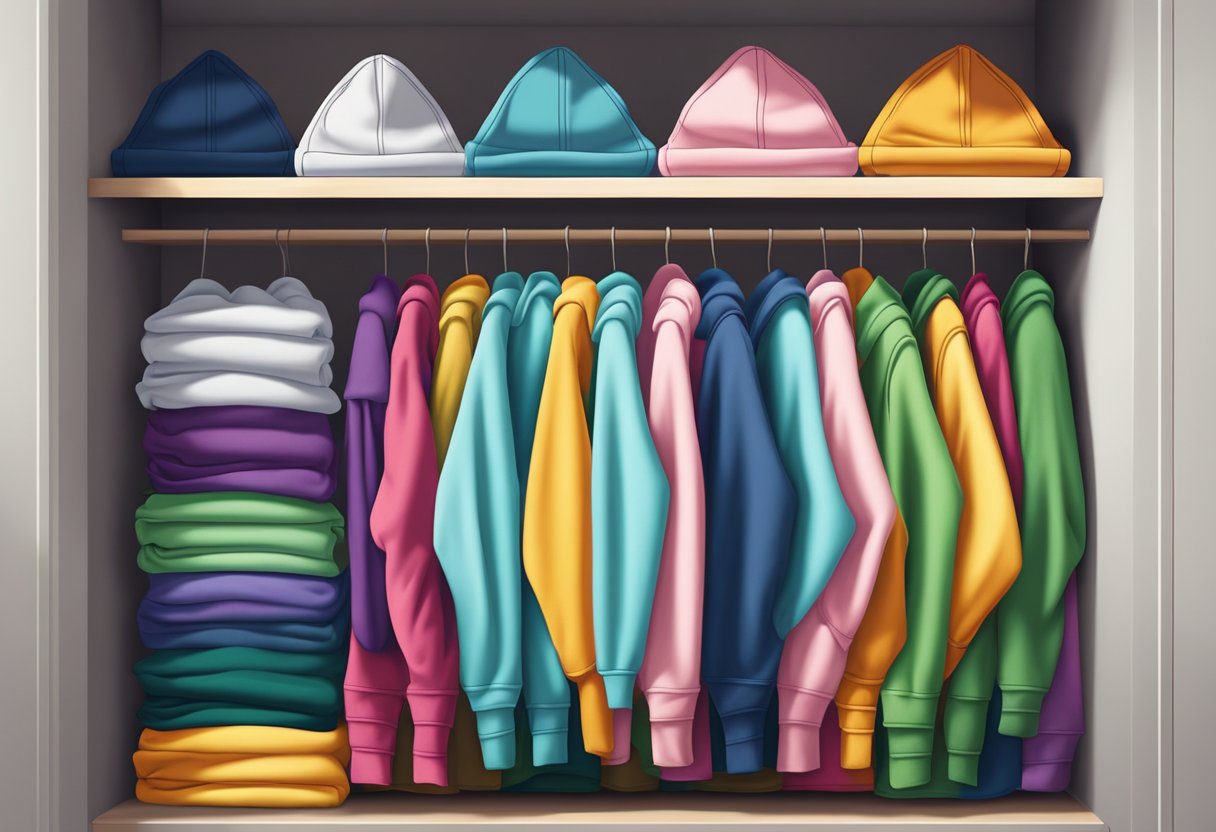 A stack of colorful Champion hoodies made of soft, durable fabric, neatly folded on a shelf in a well-lit, organized closet