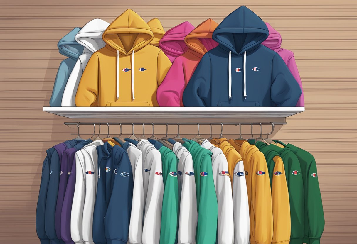 A stack of cozy Champion hoodies in various colors, made of soft and durable fabric, displayed on a sleek retail shelf with bold branding