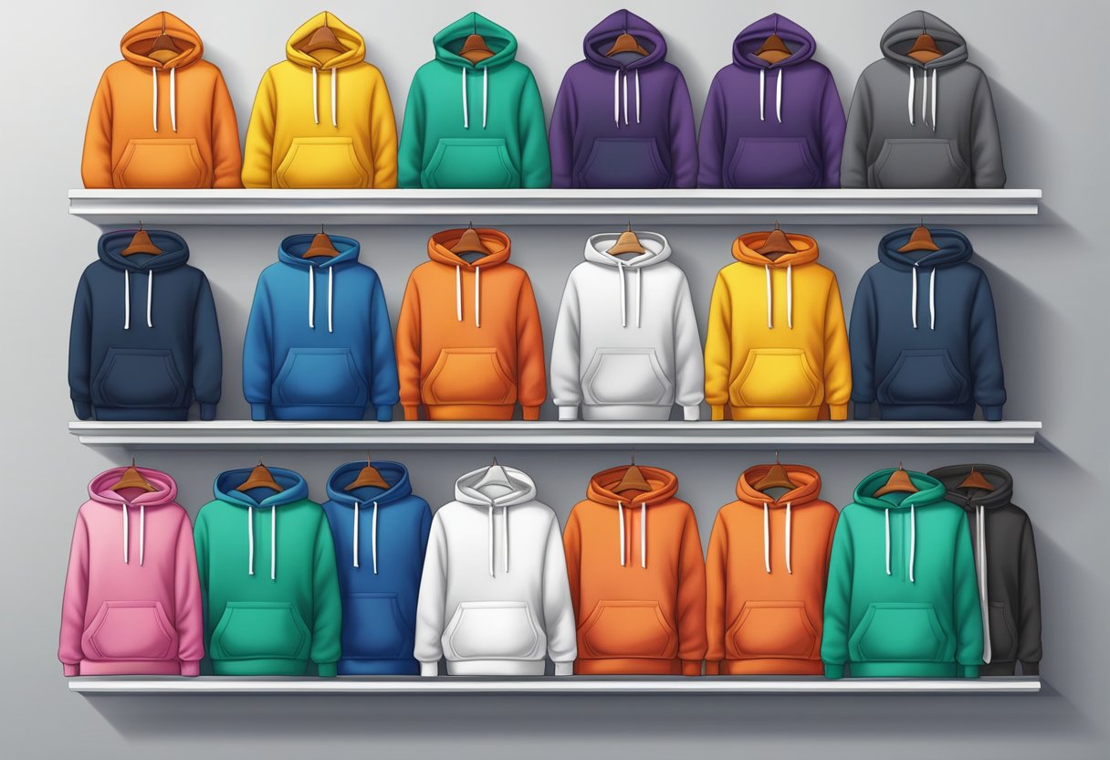 A stack of colorful Champion hoodies made of soft, fleecy fabric, neatly folded and arranged on a display shelf