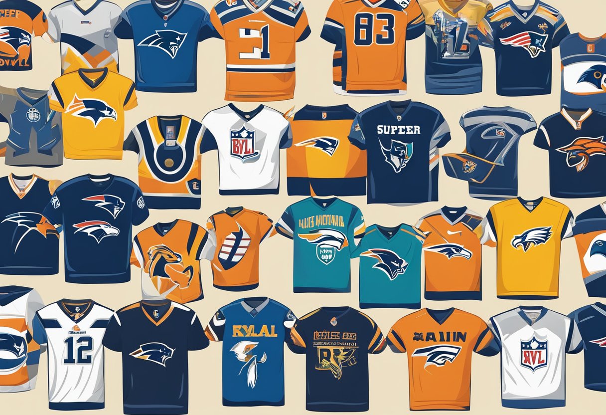 A colorful array of Super Bowl shirts from different years displayed on a wall, showcasing various designs and team logos