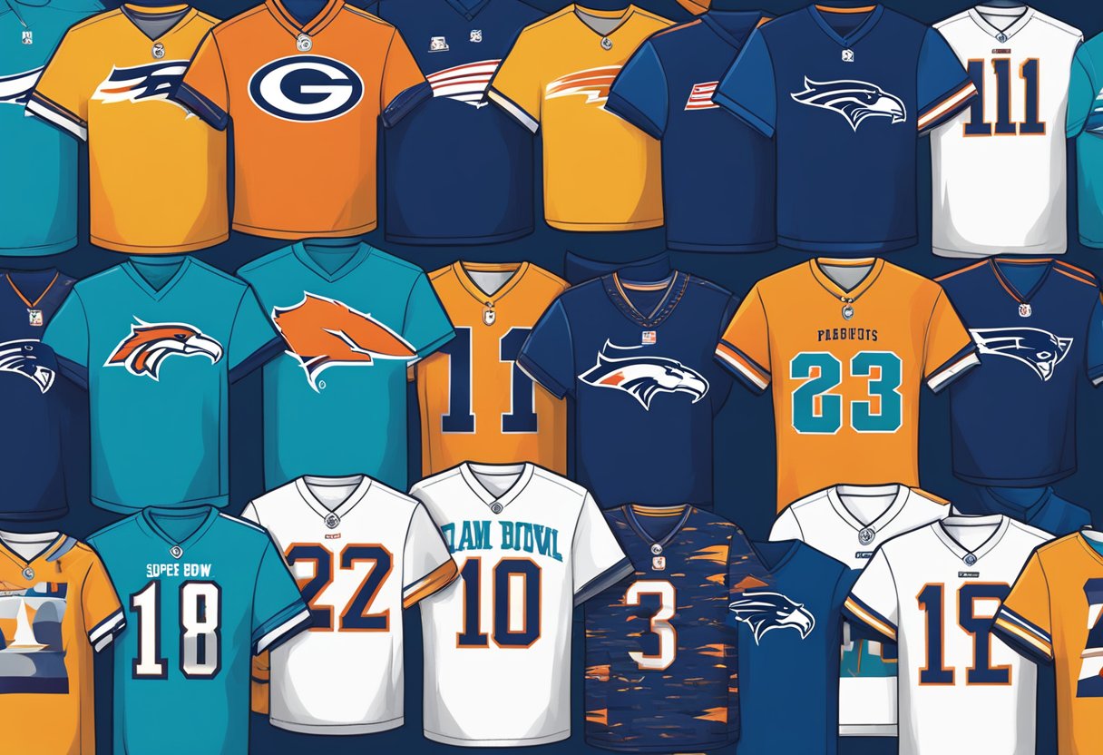 A group of Super Bowl shirts arranged in a display, featuring various designs and team logos, with vibrant colors and bold graphics