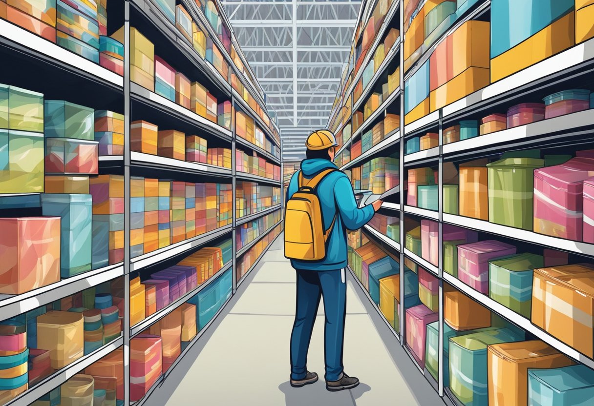 A person browsing through a variety of products displayed on shelves and racks in a large warehouse