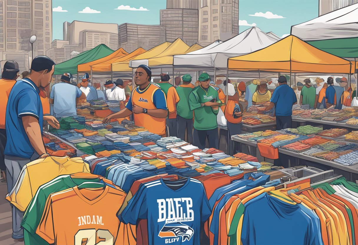 A vendor displaying a variety of Super Bowl shirts on a table at a bustling outdoor market