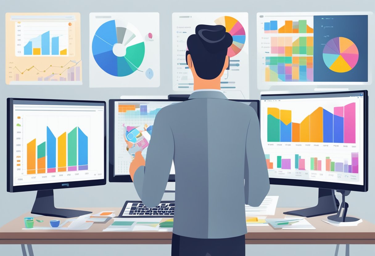 A person comparing product prices and profit margins on a computer screen, surrounded by charts and graphs