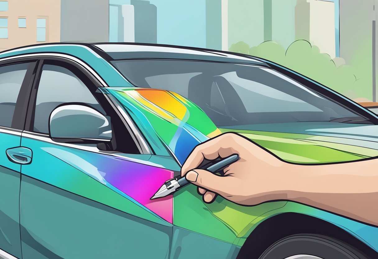 A person placing a colorful bumper sticker on the back of a car, smoothing out any air bubbles and ensuring it sticks securely