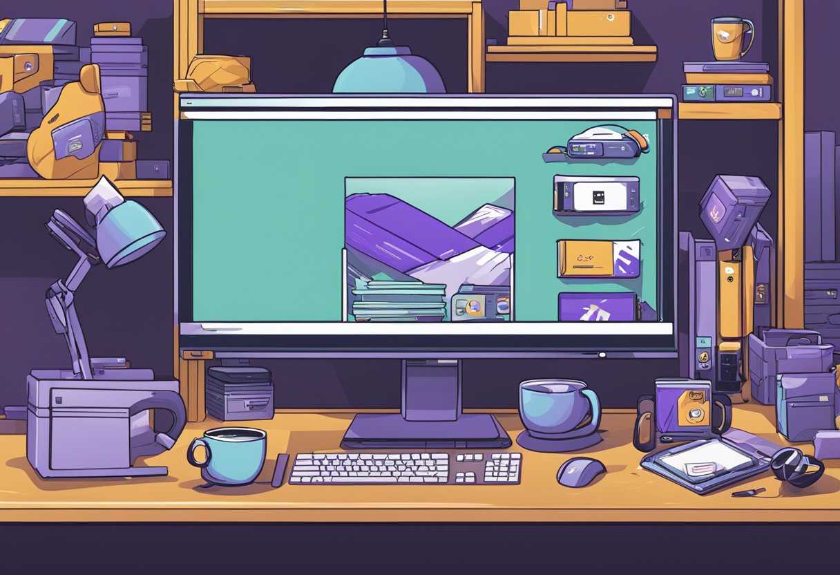 A computer with Twitch logo, surrounded by merchandise items like mugs, t-shirts, and stickers