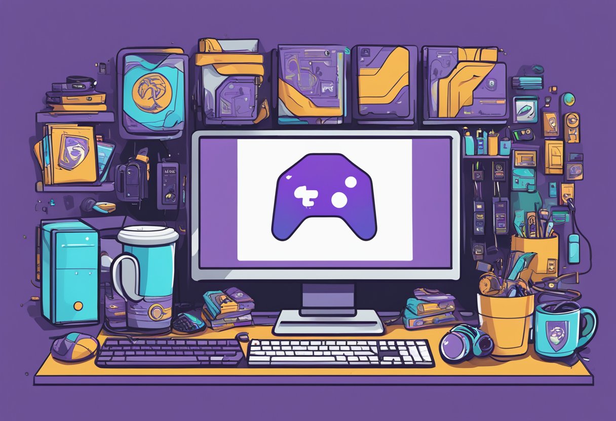 A computer with Twitch logo, surrounded by various merchandise items like t-shirts, mugs, and stickers