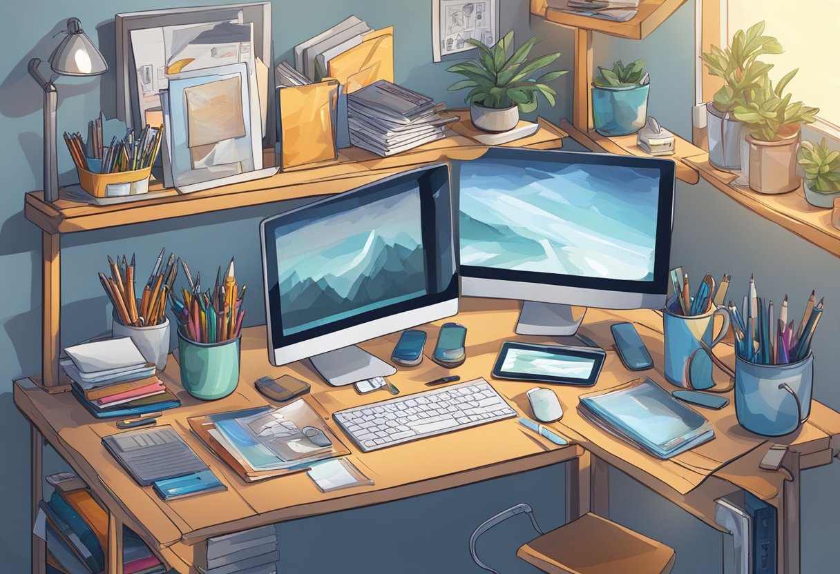 A cluttered desk with a computer, drawing tablet, and various art supplies. Shelves filled with finished merchandise like t-shirts, mugs, and stickers