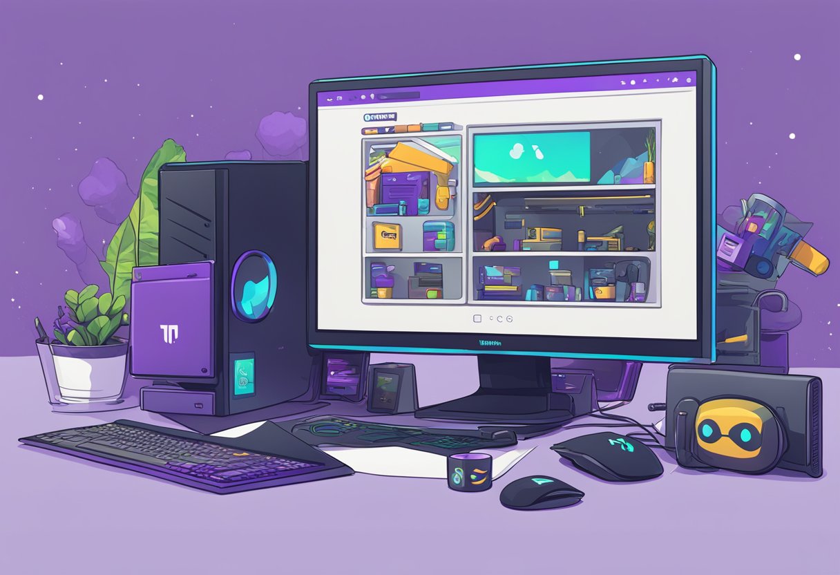 A computer with a Twitch logo on the screen, surrounded by various merchandise items such as t-shirts, mugs, and stickers