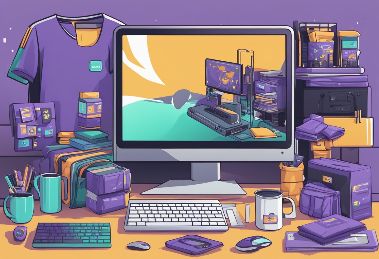 A computer with Twitch logo on screen surrounded by merchandise items like t-shirts, mugs, and stickers, with a banner promoting the products