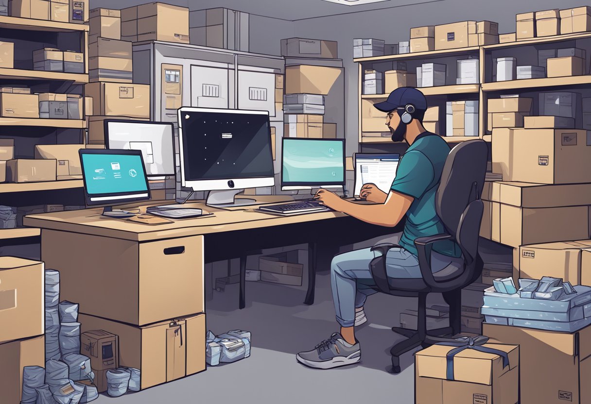 A person at a computer designing and packaging merchandise for a Twitch channel, surrounded by shipping supplies and customer service materials