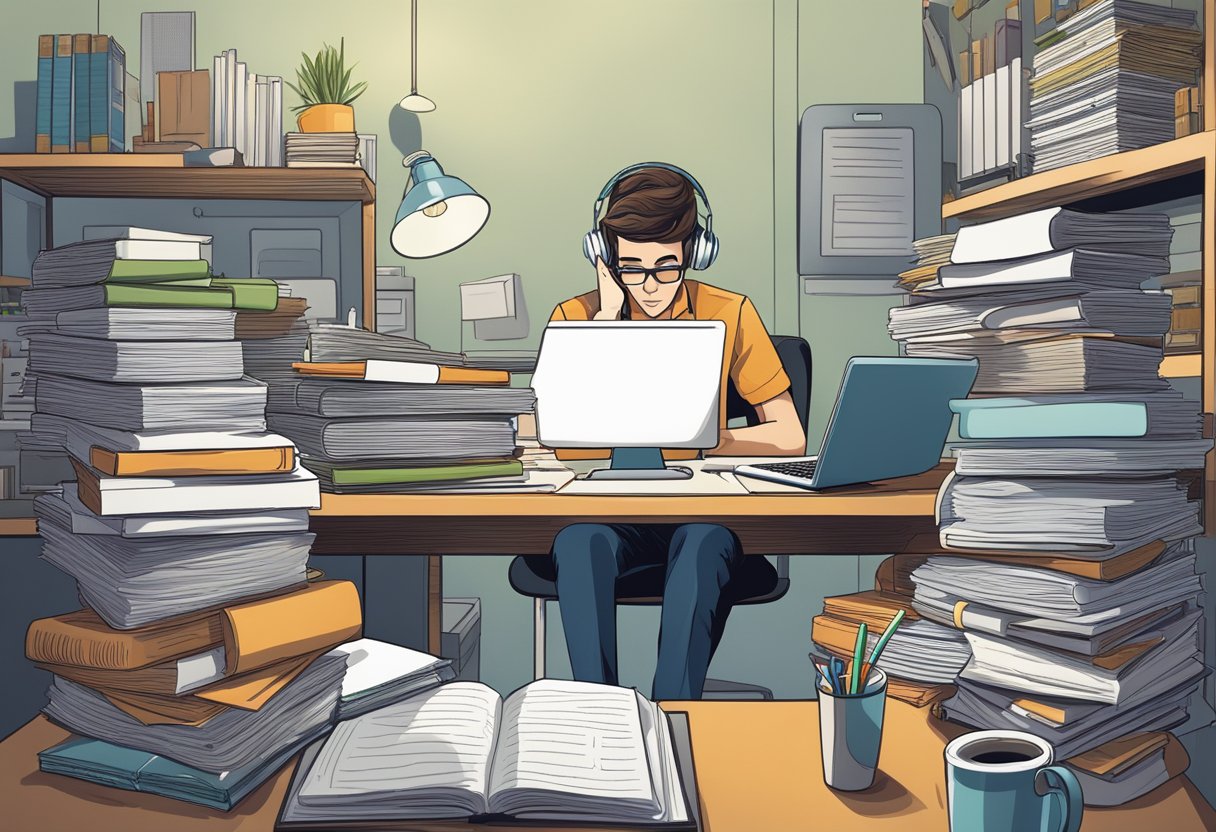 A person at a desk surrounded by open notebooks, a laptop, and stacks of papers, making phone calls and typing on the computer to research potential suppliers