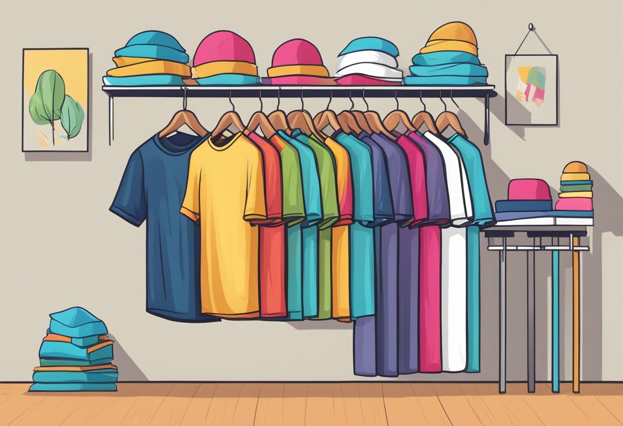 A colorful array of t-shirts in various styles and designs displayed on racks and shelves in a trendy boutique setting