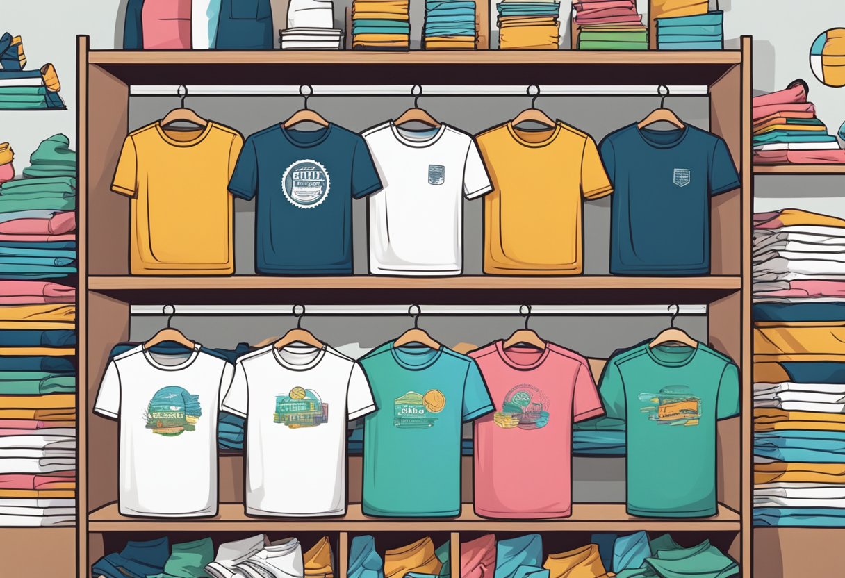 A colorful array of t-shirts featuring various niche designs displayed on shelves with branding materials and design sketches scattered around