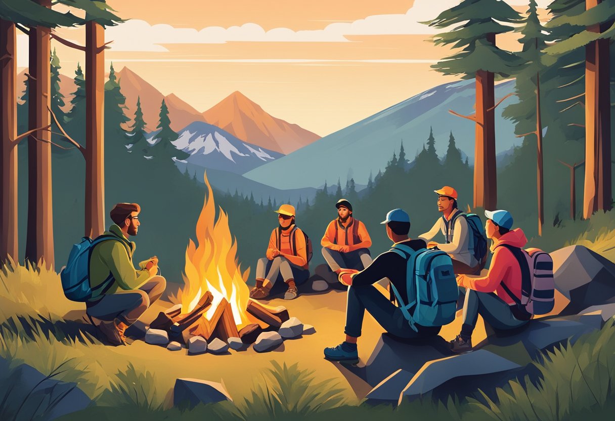 A group of outdoor enthusiasts wearing hiking boots and backpacks, gathered around a campfire in the woods, with a mountain range in the background