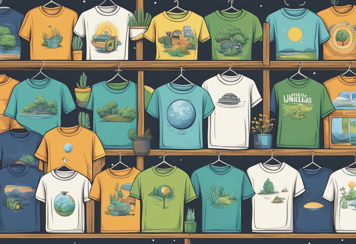 A colorful array of t-shirts with designs representing unique niche ideas, such as gardening, astronomy, retro gaming, and sustainable living