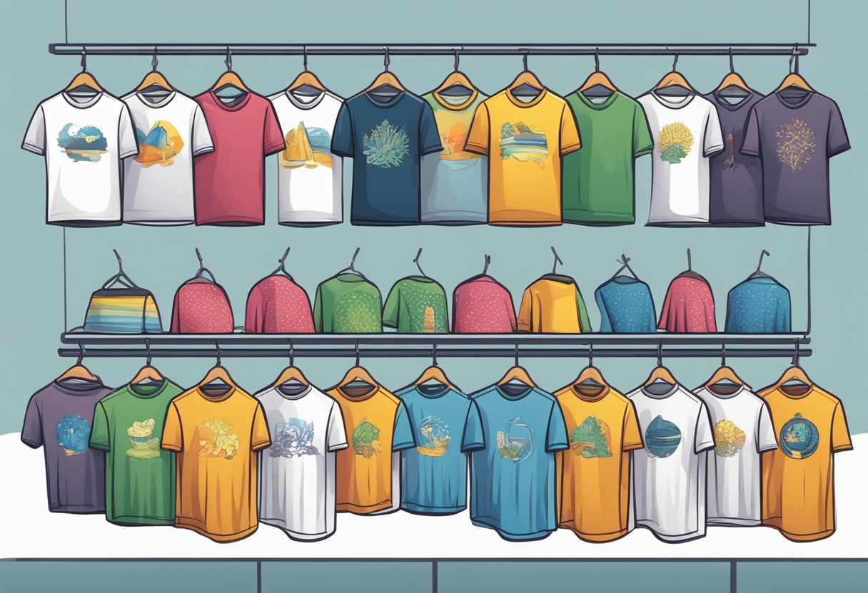 A colorful array of niche t-shirts displayed on a clothing rack, with various designs and patterns