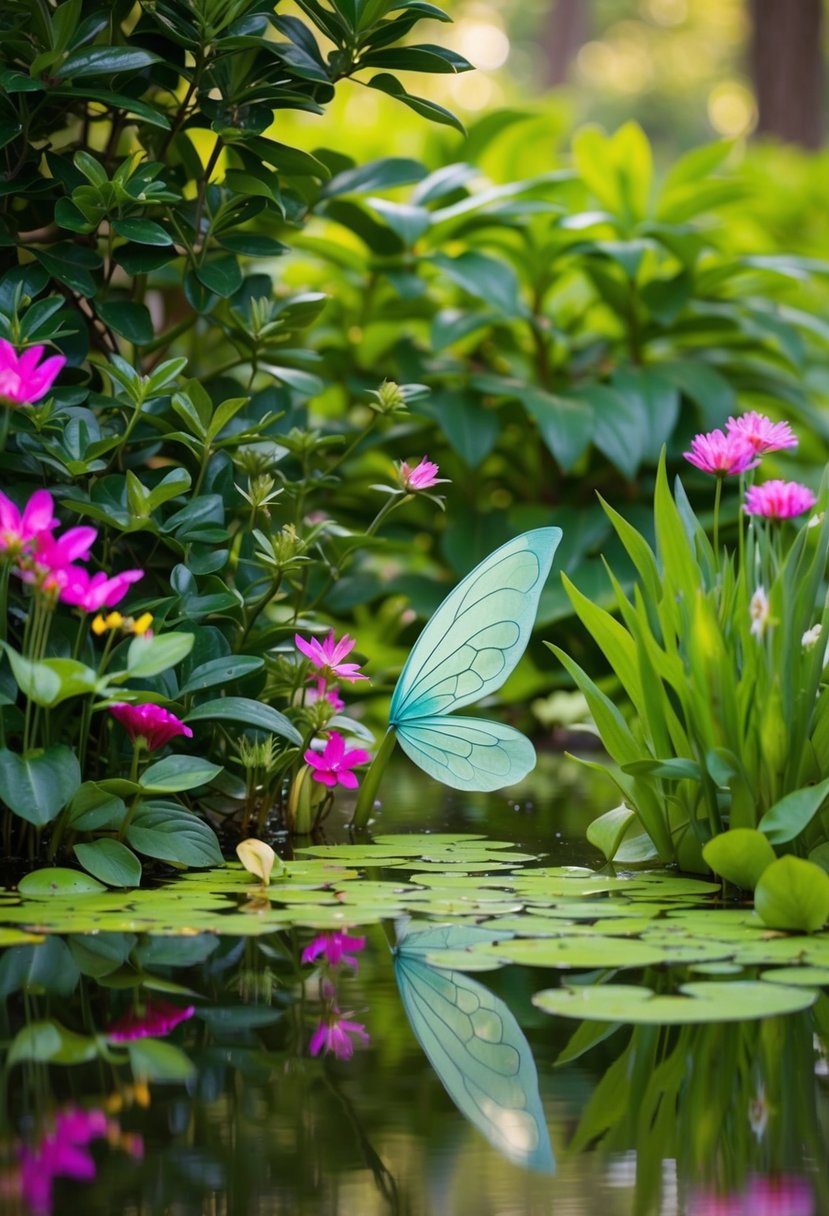A tranquil pond nestled among lush foliage, with delicate fairy wings peeking out from behind vibrant flowers