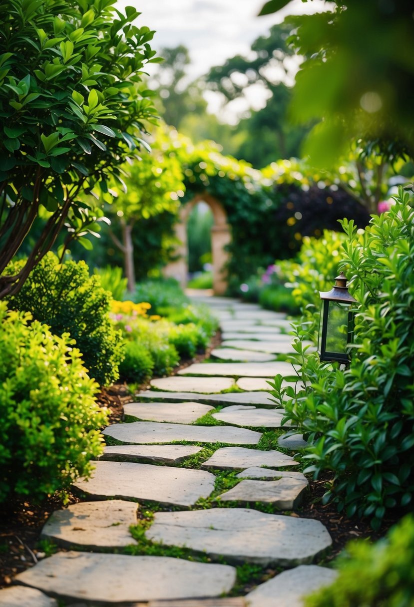 A stone path winds through lush greenery, leading to hidden nooks and secret gardens