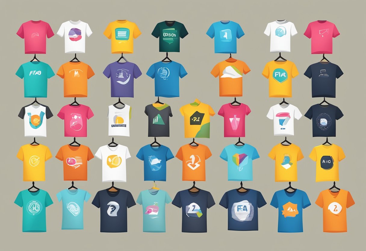 A colorful array of t-shirts with various FAQ symbols and icons, arranged in a neat display