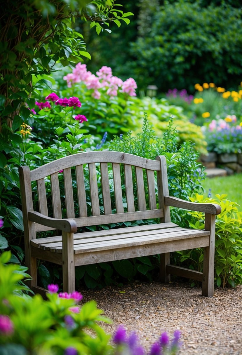 A rustic wooden bench nestled in a lush, secluded garden surrounded by vibrant flowers and greenery