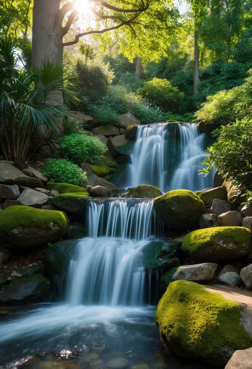 A serene waterfall cascades over moss-covered rocks in a lush, secluded garden. Sunlight filters through the trees, creating a tranquil oasis
