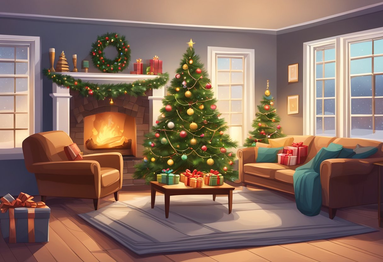 A cozy living room with a decorated Christmas tree, a crackling fireplace, and a pile of wrapped gifts for guys