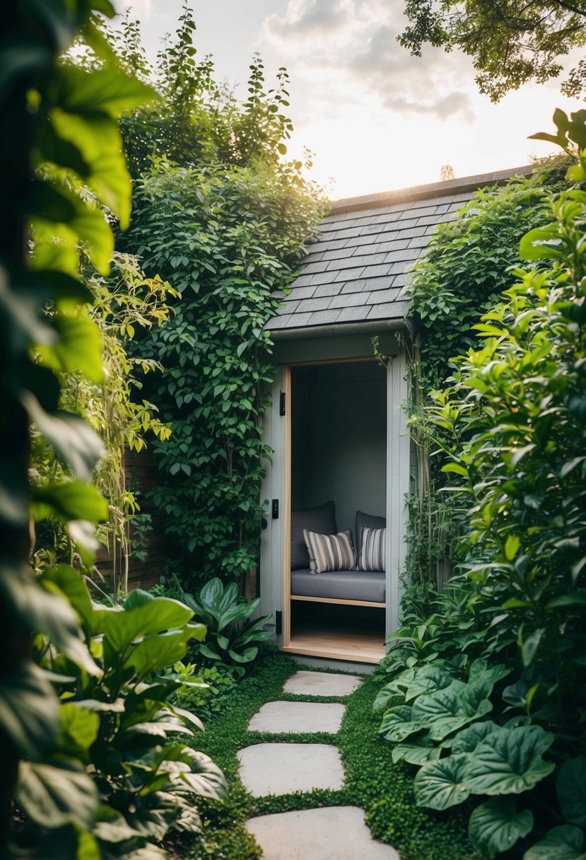 A cozy, secluded reading nook nestled in a lush, overgrown garden with a winding path and a hidden entrance