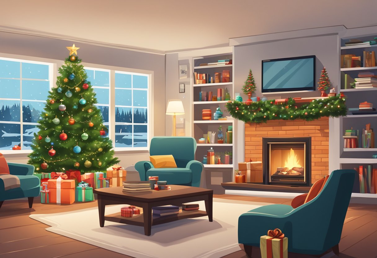 A cozy living room with a decorated Christmas tree, a crackling fireplace, and a stack of wrapped gifts. A shelf displays sports memorabilia and tech gadgets