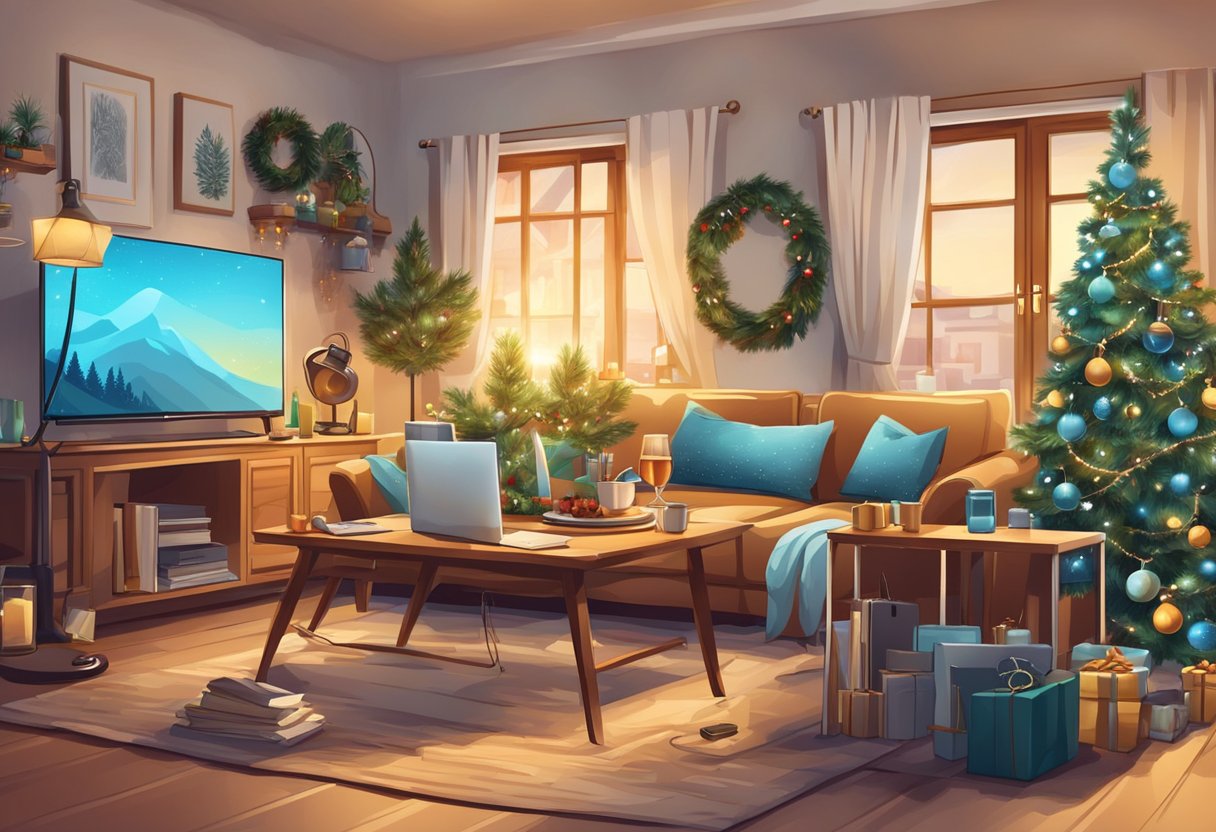 A festive table with various tech gadgets and accessories, surrounded by a cozy living room decorated for Christmas