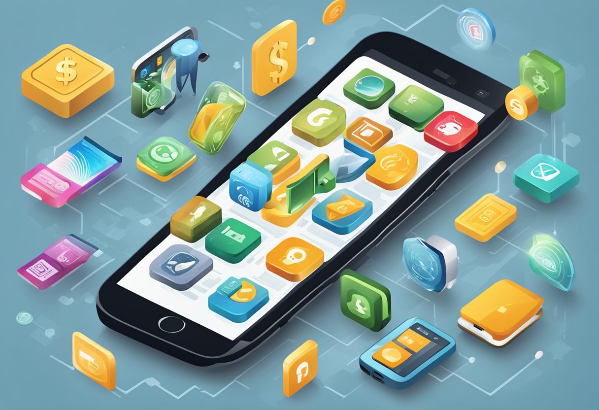 A smartphone surrounded by various icons representing different money-making apps and services