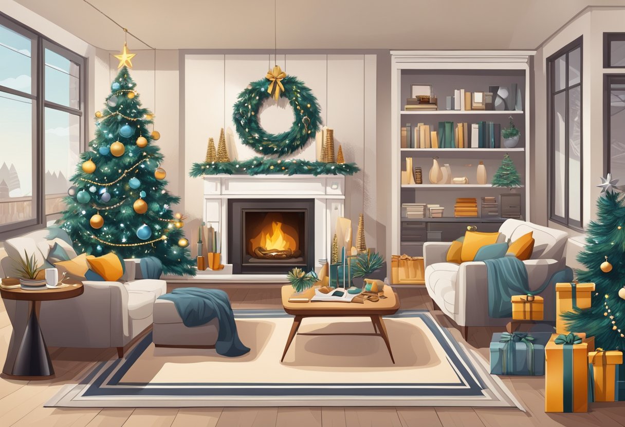 A cozy living room with a stylishly decorated Christmas tree surrounded by wrapped gifts of fashionable clothing and accessories for men