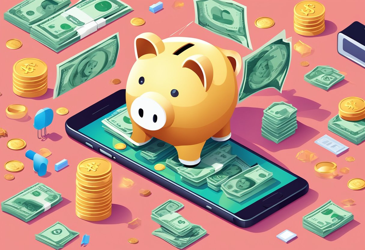 A smartphone surrounded by various money-making symbols and icons, such as dollar signs, coins, and a piggy bank, with a spotlight shining on it