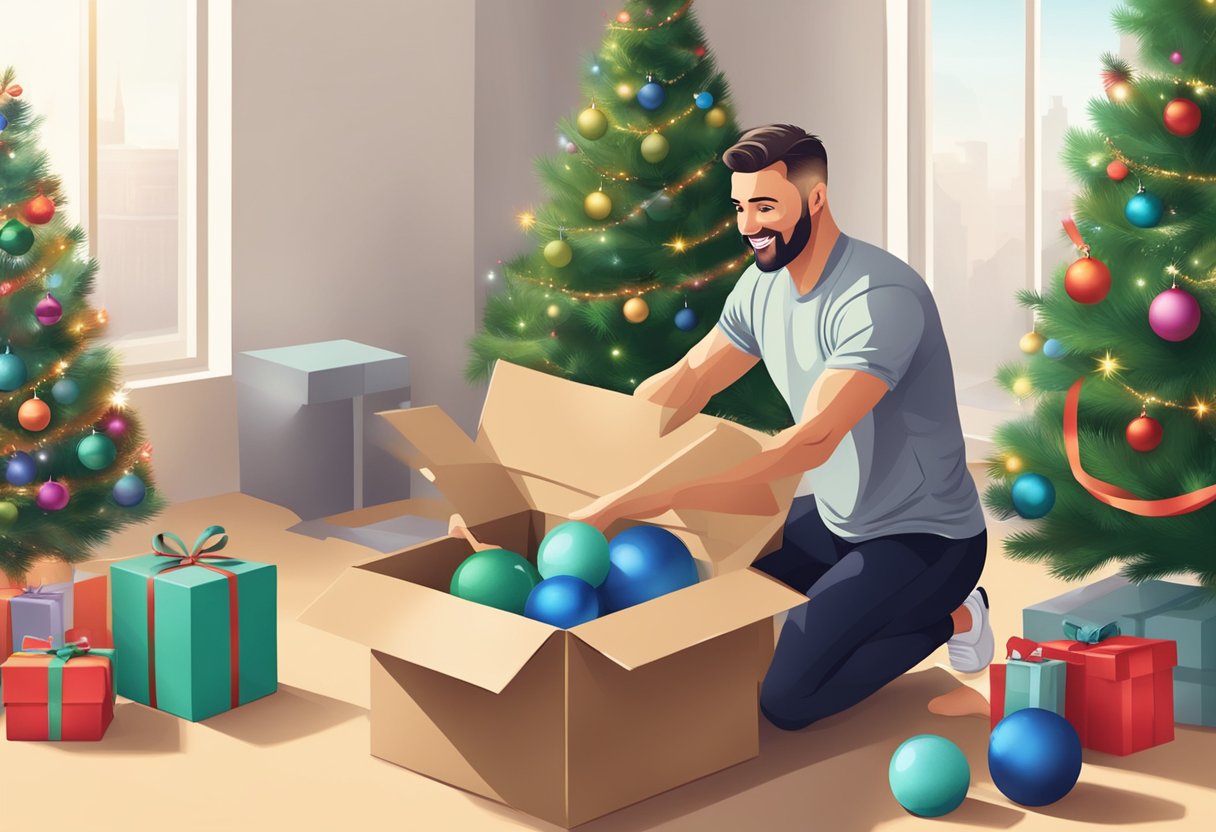 A man opening a box of fitness equipment with a Christmas tree and presents in the background