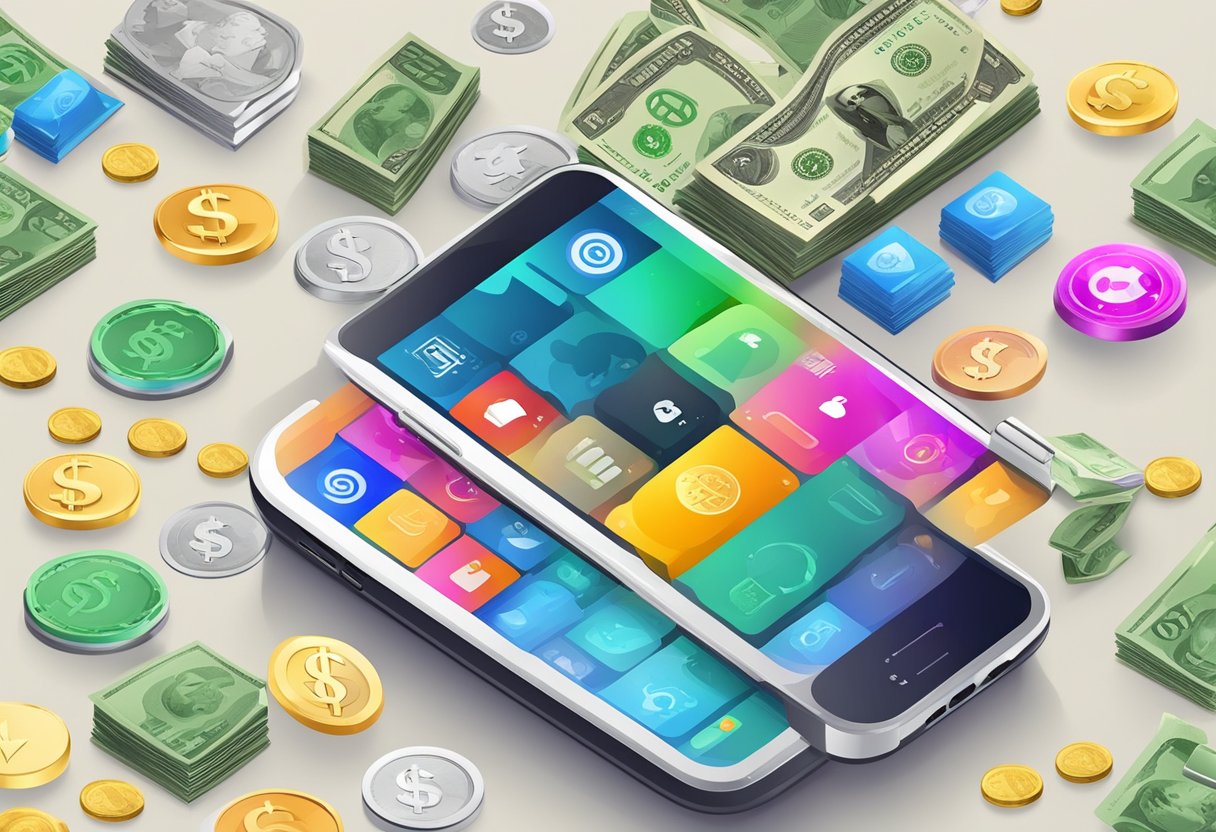 A smartphone with various app icons displayed, surrounded by dollar bills and coins