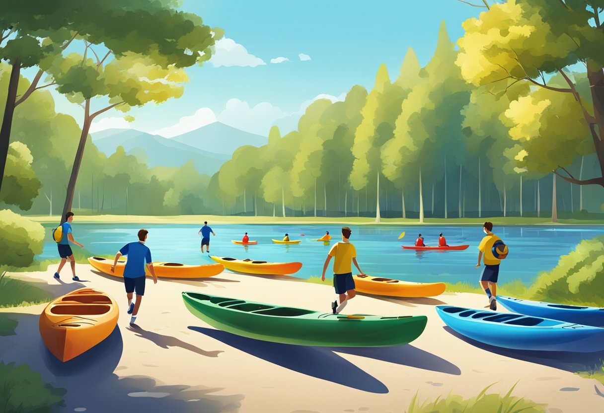 A group of men playing soccer in a park, surrounded by trees and a clear blue sky. Nearby, a row of colorful kayaks rests on the shore of a peaceful lake