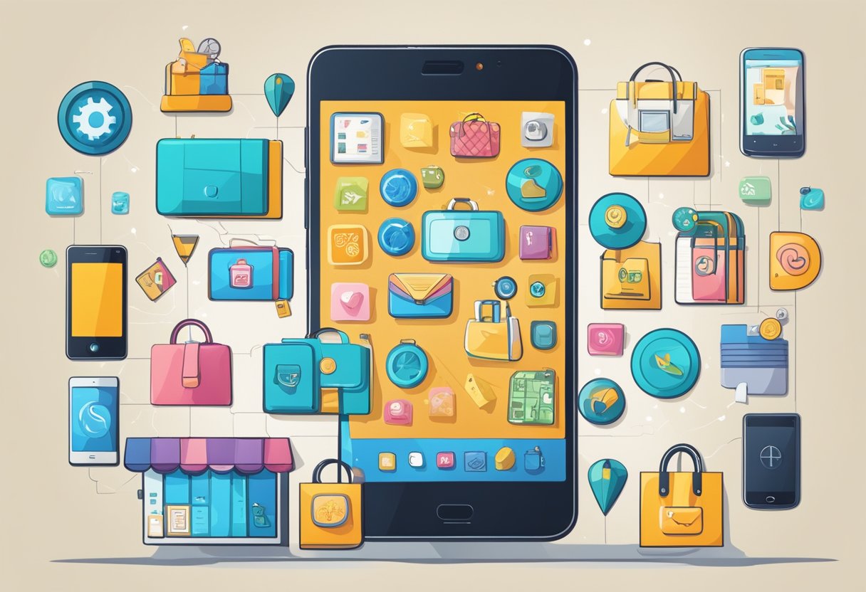 A smartphone with a variety of products and services displayed on the screen, surrounded by icons of money and shopping bags