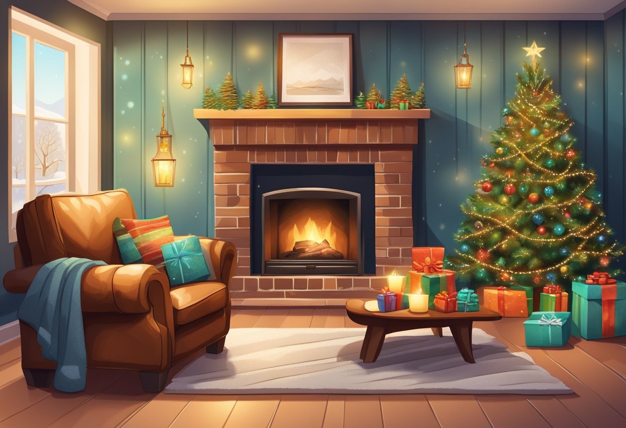 A cozy living room with a crackling fireplace, a decorated Christmas tree, and a stack of wrapped gifts. A leather armchair and a warm throw blanket complete the inviting scene