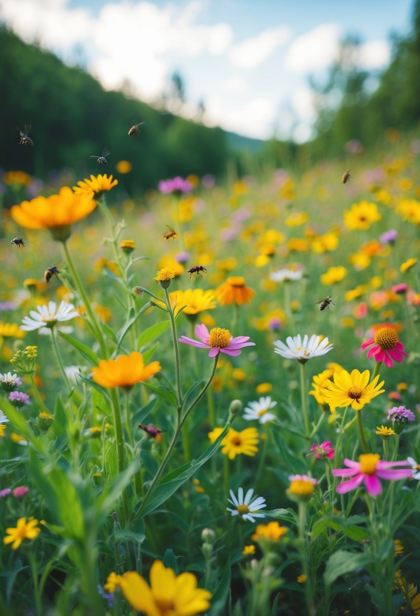 A lush, colorful wildflower meadow in a secluded corner, with a variety of blooming flowers and buzzing insects