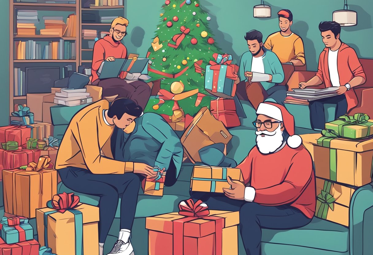 A group of guys unwrapping a variety of entertainment and media-themed Christmas gifts, such as video games, movies, music albums, and streaming subscriptions