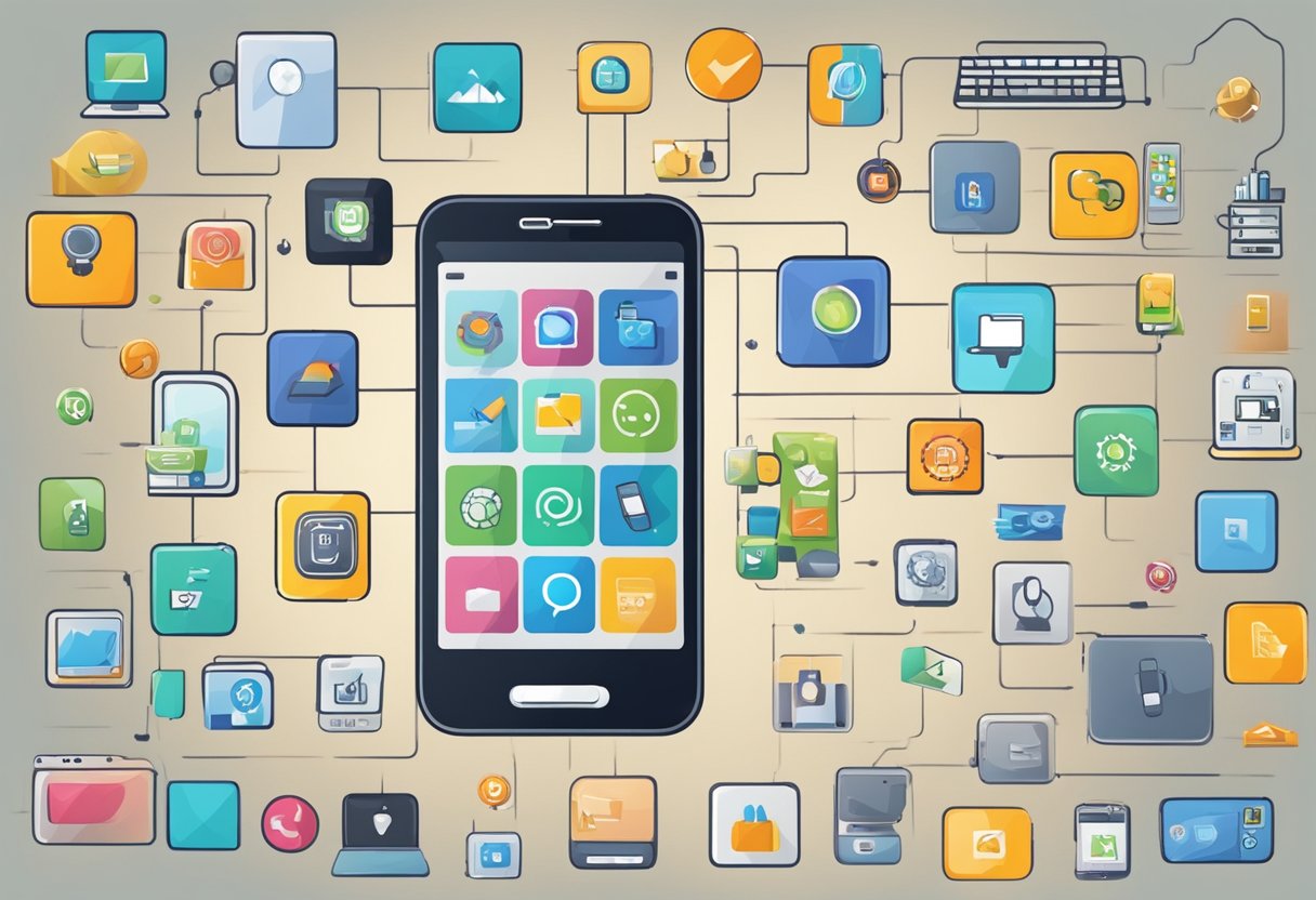 A smartphone with various icons and apps displayed on the screen, surrounded by different items representing services and products available for sharing or selling