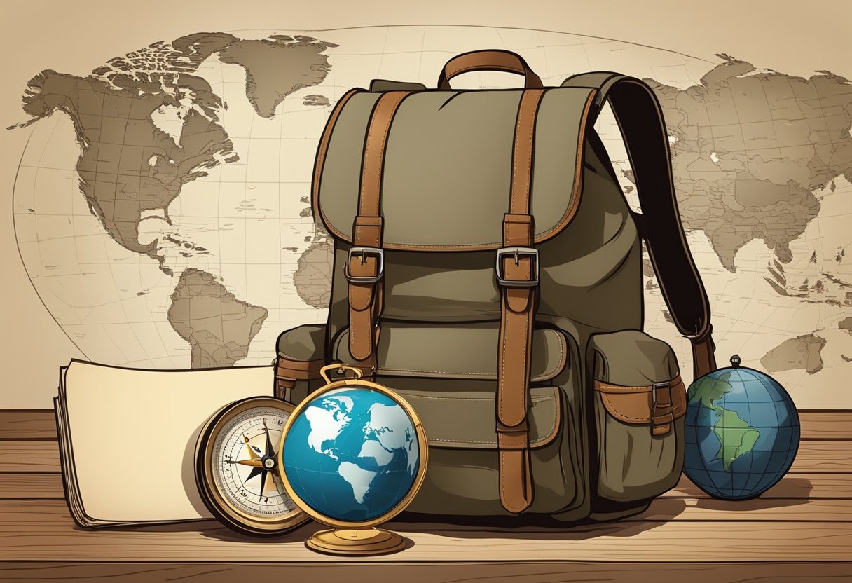 A rugged backpack, compass, and map laid out on a wooden table with a vintage globe in the background