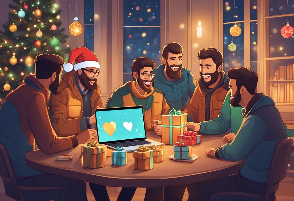 A group of men gathered around a table, exchanging gift ideas and pointing to various items on a laptop screen. Christmas decorations and festive lights add to the holiday atmosphere