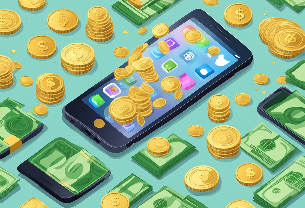 A smartphone with various money-making icons and apps displayed on the screen, surrounded by dollar bills and coins